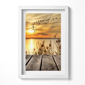 Pier At Sunset Illustration in Frame , Landscape Print in Frame, Brown Wall Art, Home Decorations