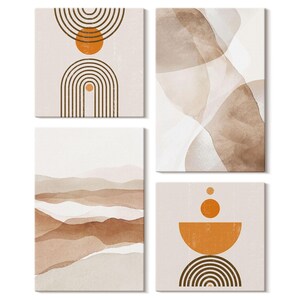 May include: Four abstract art prints featuring geometric and watercolor designs in neutral tones. The prints include arched lines, circles, and layered watercolor shapes in shades of brown, beige, and orange, creating a modern aesthetic.