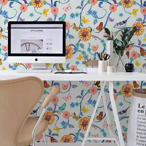 Charming Wallpaper, Beautiful Tropical  Floral And Birds Wall Covering, Green Watercolor Self Adhesive Home Decoration #75FW Removable Decal