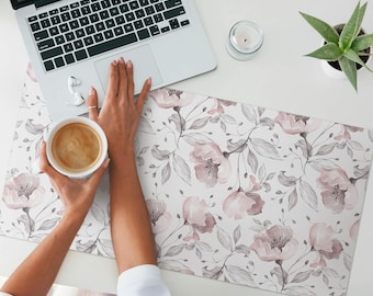 Floral vintage pattern Desk Mat, Pink Desk Pad, PVC Table Protectors, Flowers And Plants Desk Cover, Computer Decoration