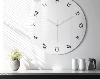 Clock Minimalist Zodiac, Astronomy Themed White Wall Clock, Unique Number Collection, Custom Wall Clock