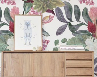 Colorful Flowers - removable wallpaper, design, wall covering, bright, beauty, style, decoration, drawing, watercolor, aquarelle, pink #84