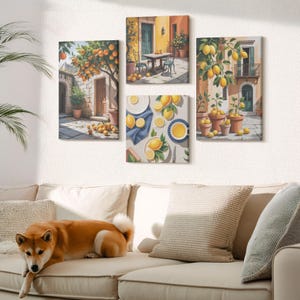 Lot de 4 oeuvres d'art sur toile - Agrumes dans un jardin ensoleillé, grande toile d'art mural orange, plantes et fleurs suspendues