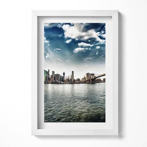 The City And The Brooklyn Bridge Wall Art in Frame, City Framed Art, Blue Wall Art, Home Decorations