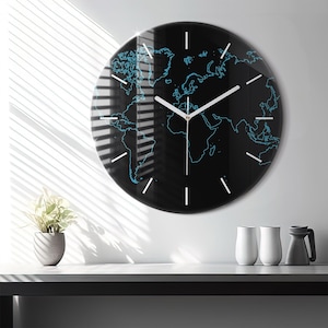 WORLD MAP contours Glass Clock, Black Hanging Clock, Map Printed Clock, Personalised Clock, Numbers or Lines Collection