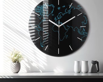 MAPA MUNDIAL contornea Reloj de Vidrio, Reloj Colgante Negro, Reloj Impreso de Mapa, Reloj Personalizado, Colección Números o Líneas