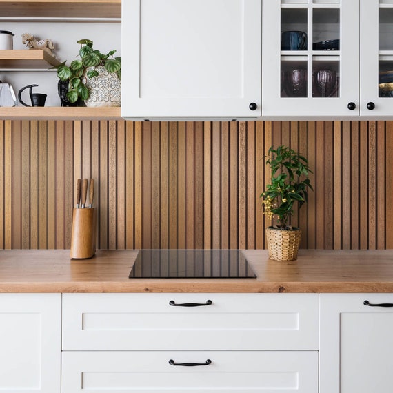 Wooden Lamellas Panel Stickers, Removable Panels, Texture Panel Stickers, Brown Decal Decoration, Kitchen Panel Stickers
