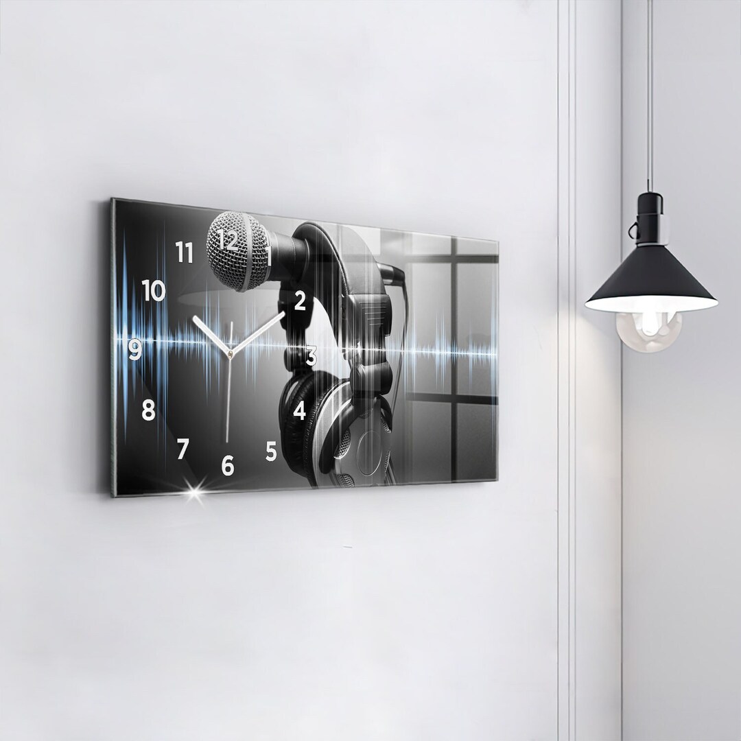 Microphone and Headphones Modern Wall Clock, Black Glass Clock, Photo ...