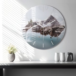 Flying island and waterfall Glass Clock, Brown Modern Wall Clock, Abstract Minimalistic Clock, Personalised Clock, Numbers or Lines