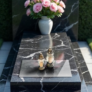 Stone Texture Tempered Glass Plate, Memorial Stand, Organic Patterns Grave Accessory, Gray Candle Holder, Grave Lantern Plate