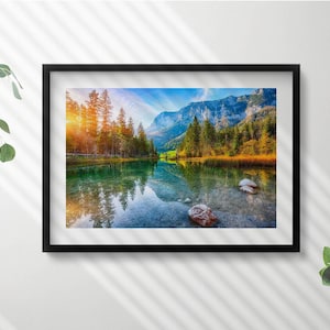 River Mountain Landscape Illustration in Frame , Landscape Print in Frame, Multicolored Wall Art, Home Decorations