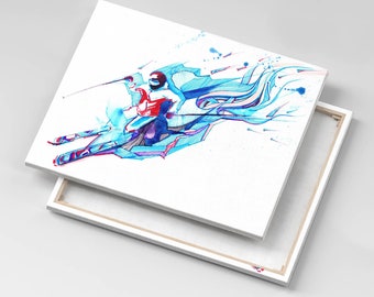 Skier illustration Canvas, Picture Wall Hanging, Blue Wall Decor, Abstraction Canvas Print