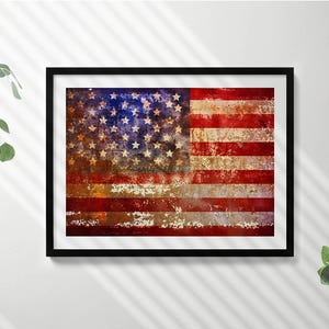 Usa Flag In Vintage Style Art Print, Piece Painting in Frame, Red Wall Art, Home Decorations