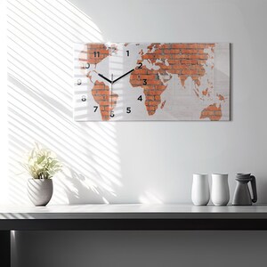 Brick map of the world Hanging Clock, Multicolour Glass Clock, Map Modern Wall Clock, Personalised Clock, Numbers or Lines