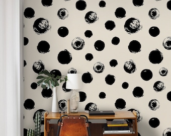 Black Painted Dots - removable wallpaper, black and beige, repositionable, abstract, decorative, wall art, hand drawn, retro wallpaper #108