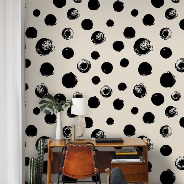 Black Painted Dots - abnehmbare Tapete, schwarz und beige, repositionierbar, abstrakt, dekorativ, Retro, Tapete #108