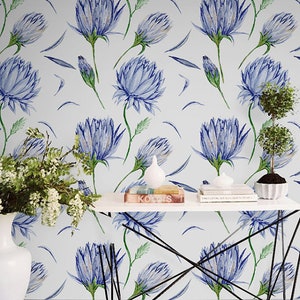 Charming Wallpaper, Indigo Flower  Wallpaper, Botanical Reusable Wall Decor, Blue Floral Wall Covering #4FW Removable Decal