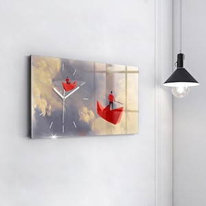 Paper ships Hanging Clock, White Glass Clock, Abstract Modern Wall Clock, Custom Wall Clock, Numbers or Lines
