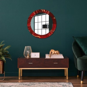 Red Marble Mirror with Print, Red Bathroom Mirror, Abstract Pattern, Round Shape Mirror, Small Mirror, Handmade
