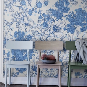 Charming Wallpaper, Summer Bouquet  Blue Floral Wall Mural, Beige Repositionable Wallpaper, Floral  Wall Decoration  #21FW Removable Decal