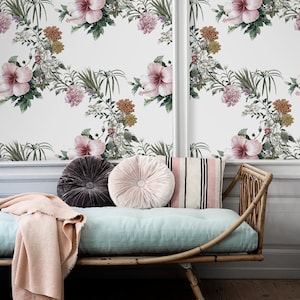 Charming Wallpaper, Watercolor Hibiscus Flower  Pink  Wall Decoration, Floral Self Adhesive Wallpaper #3FW Removable Decal