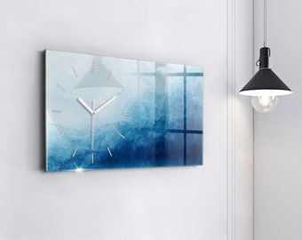 Horloge minimaliste avec abstraction d'eau, horloge en verre bleu, horloge murale moderne abstraite, horloge personnalisée, collection chiffres ou lignes