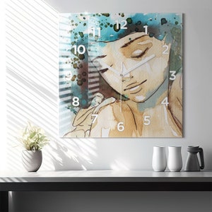 Abstraction woman Glass Clock, Beige Minimalistic Clock, Abstract Wall Clock, Personalised Clock, Numbers or Lines
