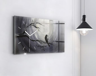 The crow in the moonlight Modern Wall Clock, Black Glass Clock, Art Minimalistic Clock, Personalised Clock, Numbers or Lines