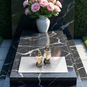 Elegant Marble Stone Tempered Glass Stand, Grave Lantern Base, Abstract Patterns Cemetery Accessory, White Votive Tray, Candle Stand