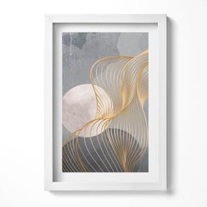 Abstract Illustration Of The Moon With Gold Illustration in Frame , Abstraction Print in Frame, Brown Wall Art, Home Decorations