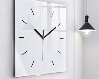 White Glass Clock, White Modern Wall Clock, Solid color Minimalistic Clock, Personalised Clock, Numbers or Lines