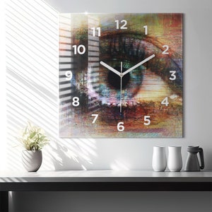 Street art eye Glass Clock, Orange Modern Wall Clock, Abstract Minimalistic Clock, Custom Wall Clock, Numbers or Lines