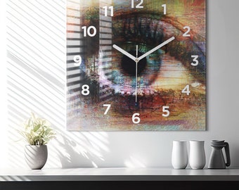 Street art eye Glass Clock, Orange Modern Wall Clock, Abstract Minimalistic Clock, Custom Wall Clock, Numbers or Lines