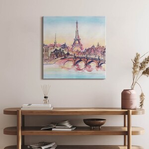 Painted view of Paris Canvas, Picture Wall Hanging, Pink Wall Art, Art Canvas Painting