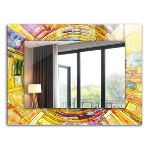 Colorful Abstract Mosaic Mirror, Mirror with Yellow Tempered Glass Framing, Hanging Mirror, Small Mirror for Entryway, Handmade Mirror