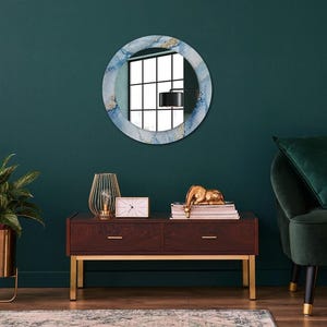 Marbre bleu avec miroir doré imprimé, miroir de salle de bain bleu, motif abstrait, miroir de forme ronde, petit miroir, fait main
