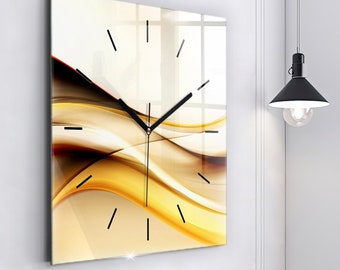 Wave abstraction Glass Clock, Yellow Wall Clock, Abstract Hanging Clock, Custom Wall Clock, Numbers or Lines