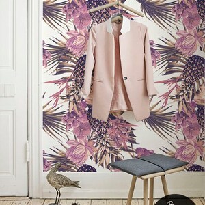 Tropical Composition Reusable Wallpaper, Pink Removable Wall Art, Pineapple Self Adhesive Wall Mural, Flower Easy Stick Wall Decoration #146