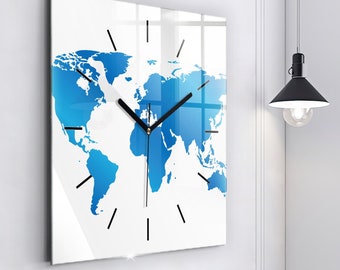 world map Glass Clock, Blue Hanging Clock, Map Printed Clock, Custom Wall Clock, Numbers or Lines