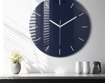 Dark navy blue Glass Clock, Dark Navy Blue Wall Clock, Solid color Hanging Clock, Custom Wall Clock, Numbers or Lines