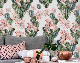 Charming Wallpaper, Opuntia Cactus Wall Mural, Green  Flower Wall Covering, Pink  Wall Decoration #15FW Removable Decal