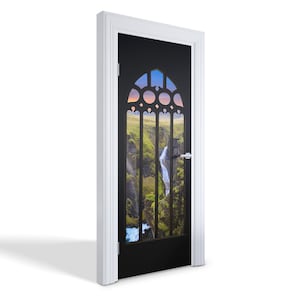 Gothic Window Of Nature Door Sticker, Carving Door Mural, Landscapes Door Decals, Brown Door Mural, Bedroom Door Stickers