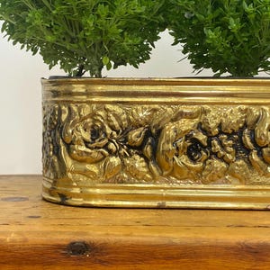 Vintage Brass Jardiniere – Made in England – Embossed Floral Oval Planter - indoor windowsill planter
