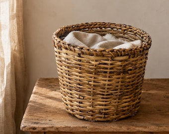 Grand panier vintage en rotin tressé, panier de rangement en osier, cache-pot