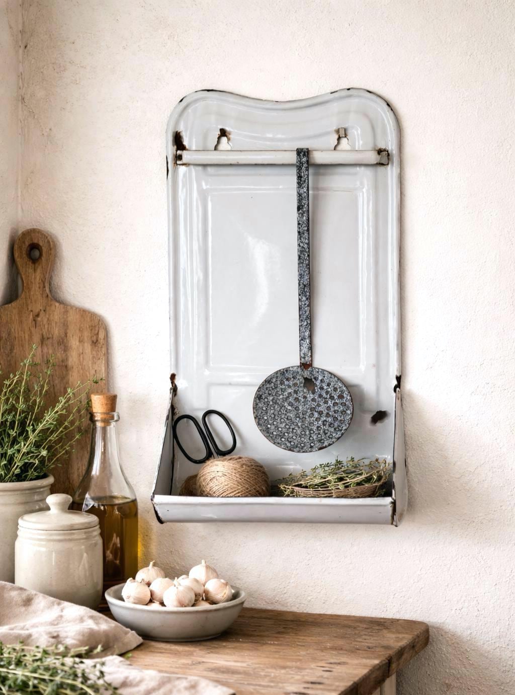 Antique Utensil Rack Vintage French Enamel Utensil Rack With Graniteware Skimmer Ladle ...