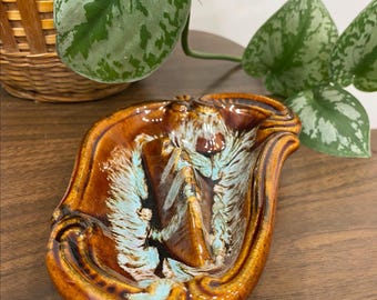Vintage Ashtray –USA Mid-Century 1960s Brown & Turquoise Ceramic