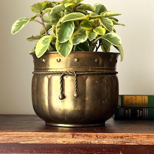 Vintage Solid Brass Planter Pot, Aged Patina Cachepot, Rustic Garden Decor