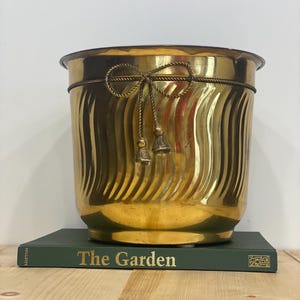 May include: A gold-colored metal planter with a wavy design. The planter has a rope and tassel detail around the middle. The planter is sitting on a green book with the title "The Garden".