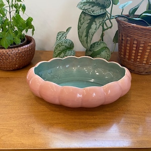 May include: A pink ceramic planter with a scalloped edge and a teal interior. The oval-shaped planter sits on a wooden surface. Plants in woven baskets are in the background.