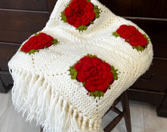 Vintage Crochet Rose Accent Throw with Fringe